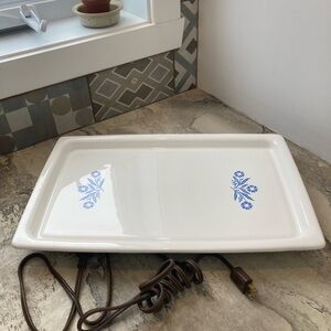 White Warming Tray with Blue Floral Design